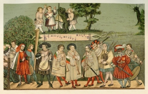 Year 1520, group of touring minstrels performing in Augsburg